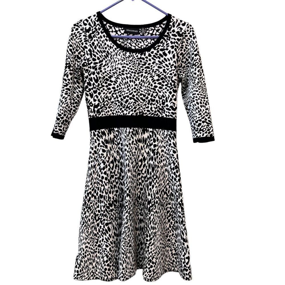 Nina Leonard Leopard Print Dress Women Small Black White 3/4 Sleeve Animal Print